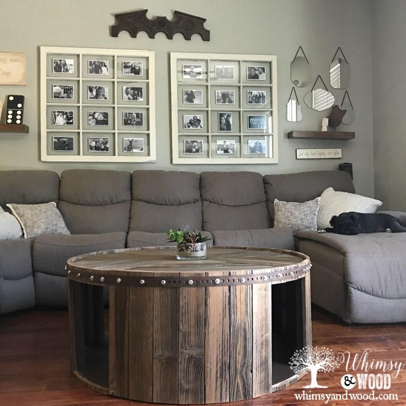 Reclaimed Wood Coffee Table with window picture frame in background