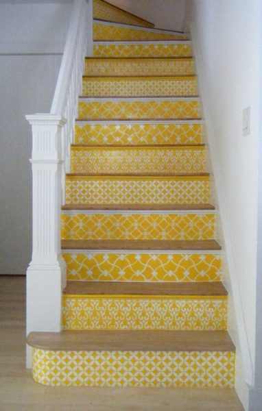 yellow painted furniture-stenciled stairs Pinterest