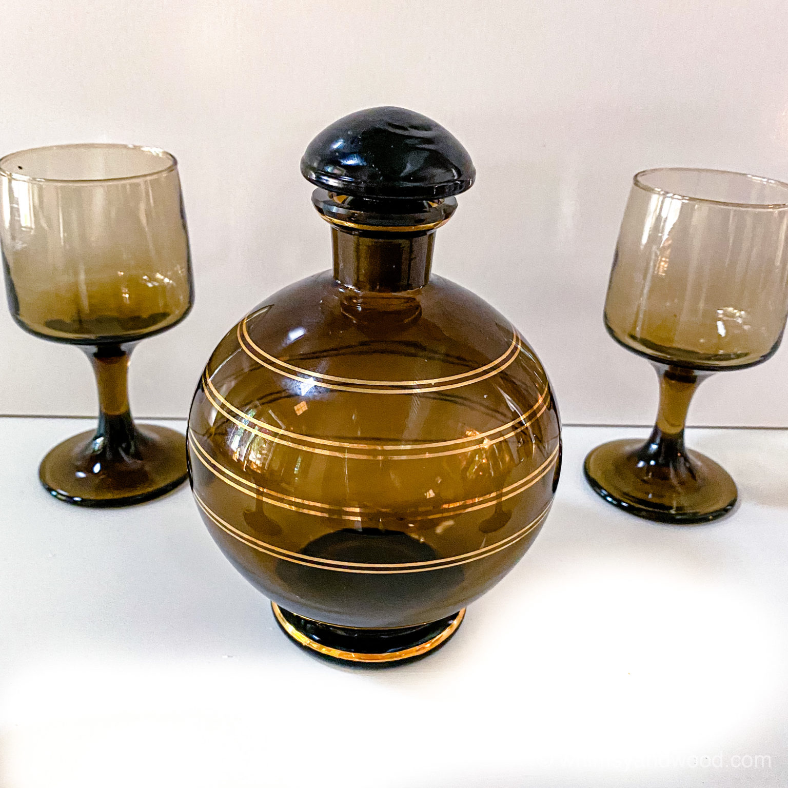 Smoky Grey And Gold Glass Decanter With 4 Glasses Whimsy And Wood